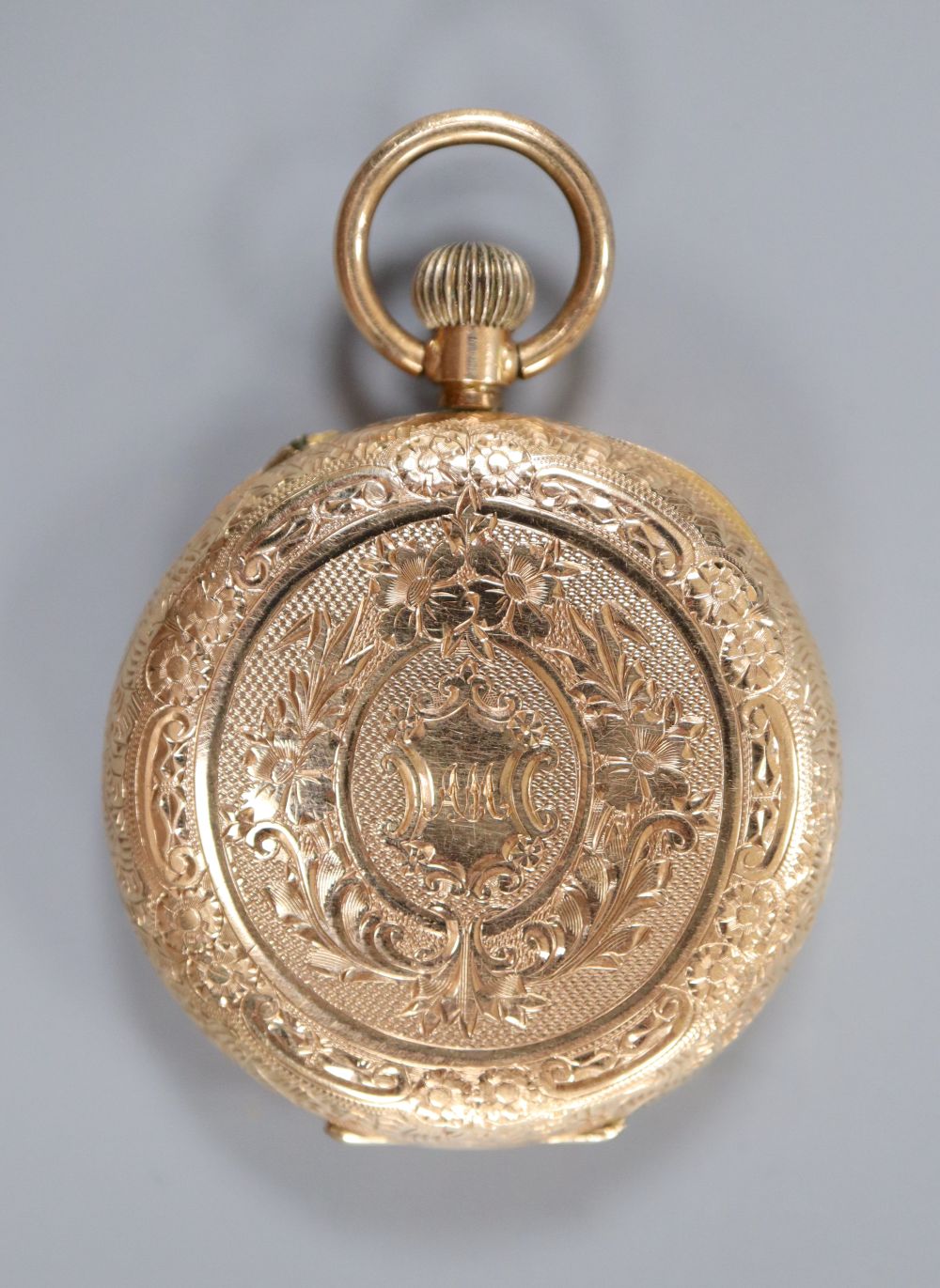 An early 20th century engraved 14k open face fob watch,